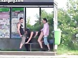  Extreme public big boobs young teen pretty girl group sex dogging gang bang threesome at a bus stop 