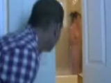 Boy getting caught while spying on busty Momma taking a shower