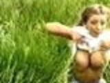 Desperate farmer chick flashes her big tits