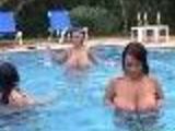 4 Super Huge Titted Lesbian Chickas Nude In The Pool