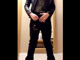 
           Trying on New Leather Jacket with Cum 
        