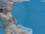 
           Finnish babe swims nude in the pool 
        